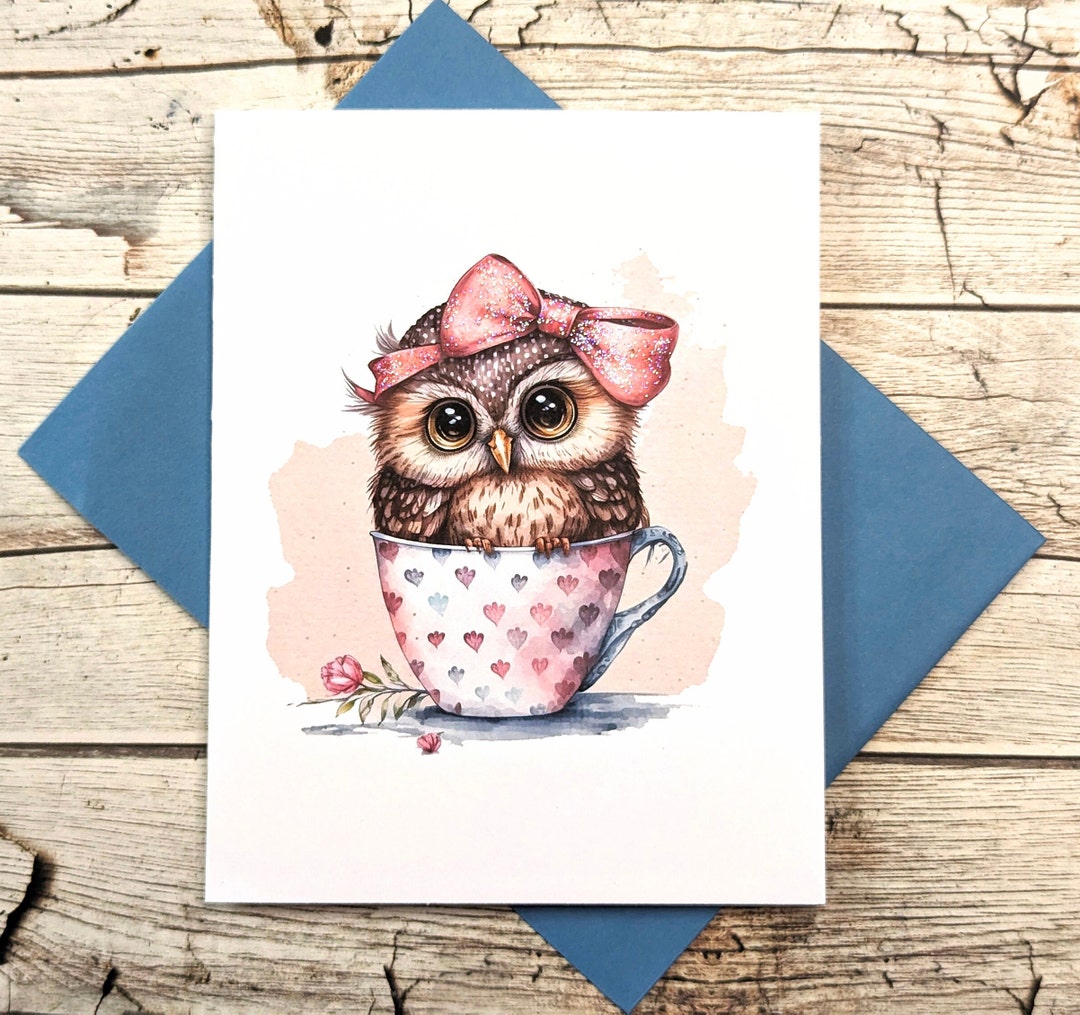 Cute Owl Greeting Card - Cute Owl in a Teacup - Set of Note Cards ...