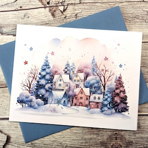 Whimsical Christmas Cards - Pink Christmas Village - Abstract Christmas Card - Winter Village - Winter Note Cards - Assorted Christmas Cards