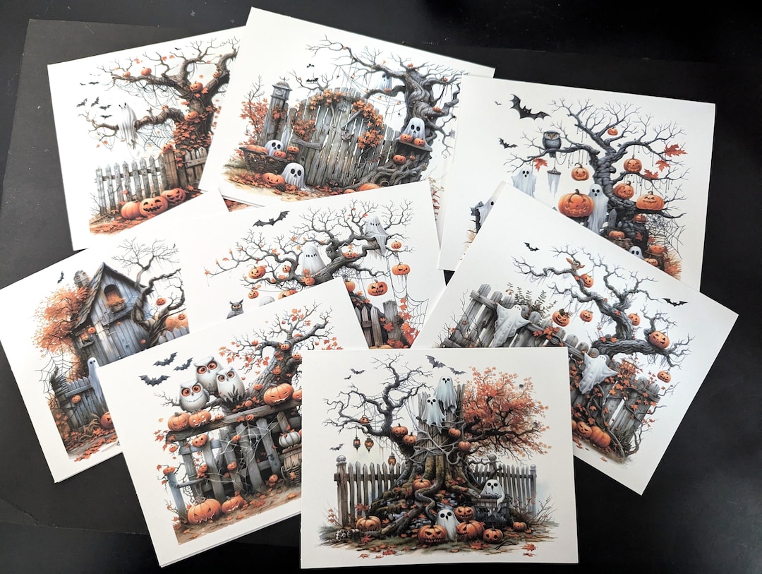 Whimsical Halloween Notecards: Spooky Tree Designs, Set of 8 - Etsy
