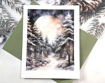 Nature Note Cards: Mountain Landscape with Snowy Evergreen Trees, Winter Tree Cards, Combined Shipping