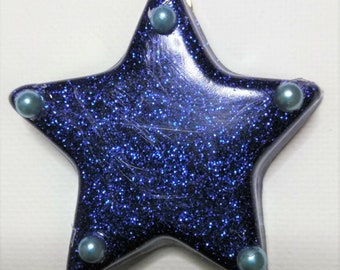 Resin Dark Blue Star Glitter Resin Necklace Glitter Star Blue Half Pearls Silver Bail Silver Ball Chain