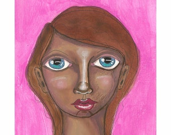 Mixed Media Art Print Brown Haired Cocoa Goddess Mixed Media Fine Art Blue Eyes Small Art