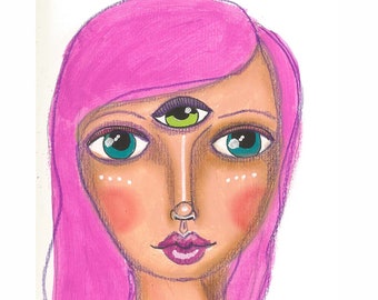 Mixed Media Art Print Pink Haired Goddess Mixed Media Third Eye Fine Art Blue Eyes Pink Hair Small Art