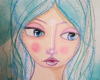 Blue Haired Goddess Mixed Media Original Painting Blue Eyes Small Art Princess Painting