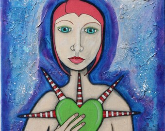 Mixed Media Art Print Goddess Painting Moon Painting Heart Painting Colorful Painting Blue Painting Candy Cane Home Decor