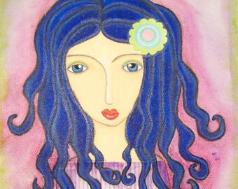 Mixed Media Art Print Goddess Painting Flower Painting Floral Painting Blue Painting Fashion Girl Colorful Painting Home Decor