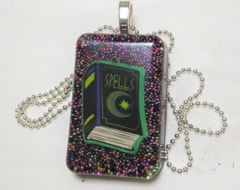 Resin Rectangle Spell Book Resin Pendant Small Beads Shiny Necklace Spell Book Pendant