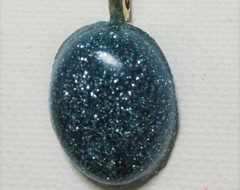 Resin Light Blue Small Oval Glitter Resin Necklace Silver Bail Silver Ball Chain
