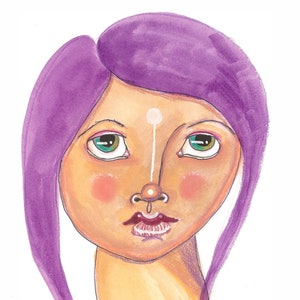 Mixed Media Art Print Purple Haired Goddess Mixed Media Fine Art Blue Eyes Purple Hair Small Art
