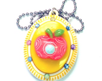 Kawaii Necklace - Plastic Apple Cameo Pendant - Pink and yellow