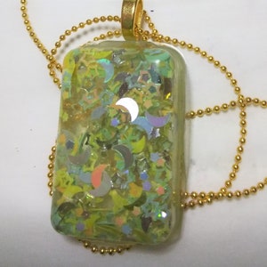 Resin Rectangle Pendant Moon and Stars Glitter Resin Necklace Gold Bail Gold Ball Chain