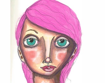 Mixed Media Art Print Pink Haired Goddess Mixed Media Fine Art Blue Eyes Pink Hair Small Art