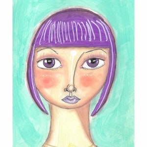 Mixed Media Art Print Purple Haired Mermaid Goddess Mixed Media Fine Art Purple Blue Eyes Small Art