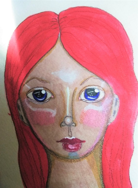 Red Headed Goddess Mixed Media Original Painting Blue Eyes Etsy