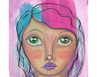 Mixed Media Art Print Blue Haired Pink and Purple Goddess Mixed Media Fine Art Print Blue Eyes Small Art