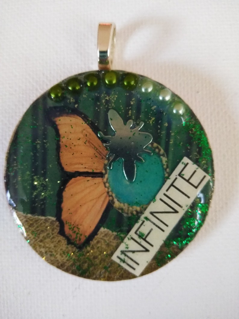 Mixed Media Necklace Mixed Media Jewelry Mixed Media Art Butterfly Wood Necklace Resin Pendant Pop Art Pearl Jewelry OOAK image 1
