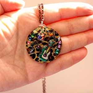 Kawaii Necklace Resin Pendant Leopard Necklace Rhinestone Necklace Kawaii Guitar Pendant Green Guitar Necklace Round Pendant image 3