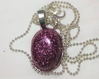 Resin Pink Small Oval Glitter Resin Necklace Silver Bail Silver Ball Chain