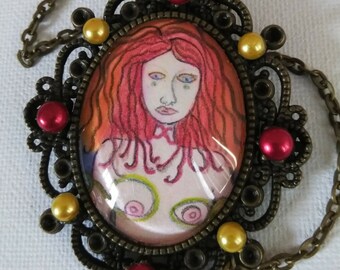 Red Headed Woman Goddess Art Cameo Necklace Original Art Jewelry Cameo Pendant Necklace Medusa Hair