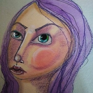 Purple Haired Goddess Mixed Media Original Painting Blue Eyes Small Art