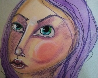 Purple Haired Goddess Mixed Media Original Painting Blue Eyes Small Art