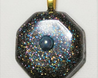 Resin Octagon Pendant Dark Rainbow Blue Half Pearl Resin Necklace Gold Bail Gold Ball Chain