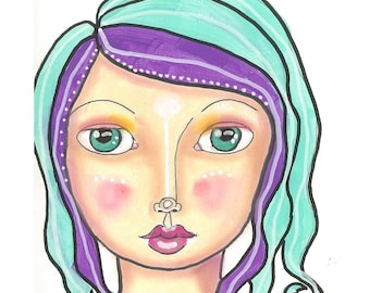 Mixed Media Art Print Blue and Purple Haired Goddess Mixed Media Fine Art Green Eyes Medusa Hair Small Art