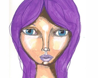 Mixed Media Art Print Purple Haired Goddess Mixed Media Fine Art Blue Eyes Purple Hair Small Art