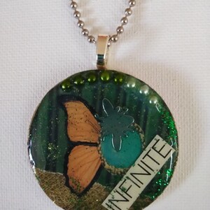 Mixed Media Necklace Mixed Media Jewelry Mixed Media Art Butterfly Wood Necklace Resin Pendant Pop Art Pearl Jewelry OOAK image 2