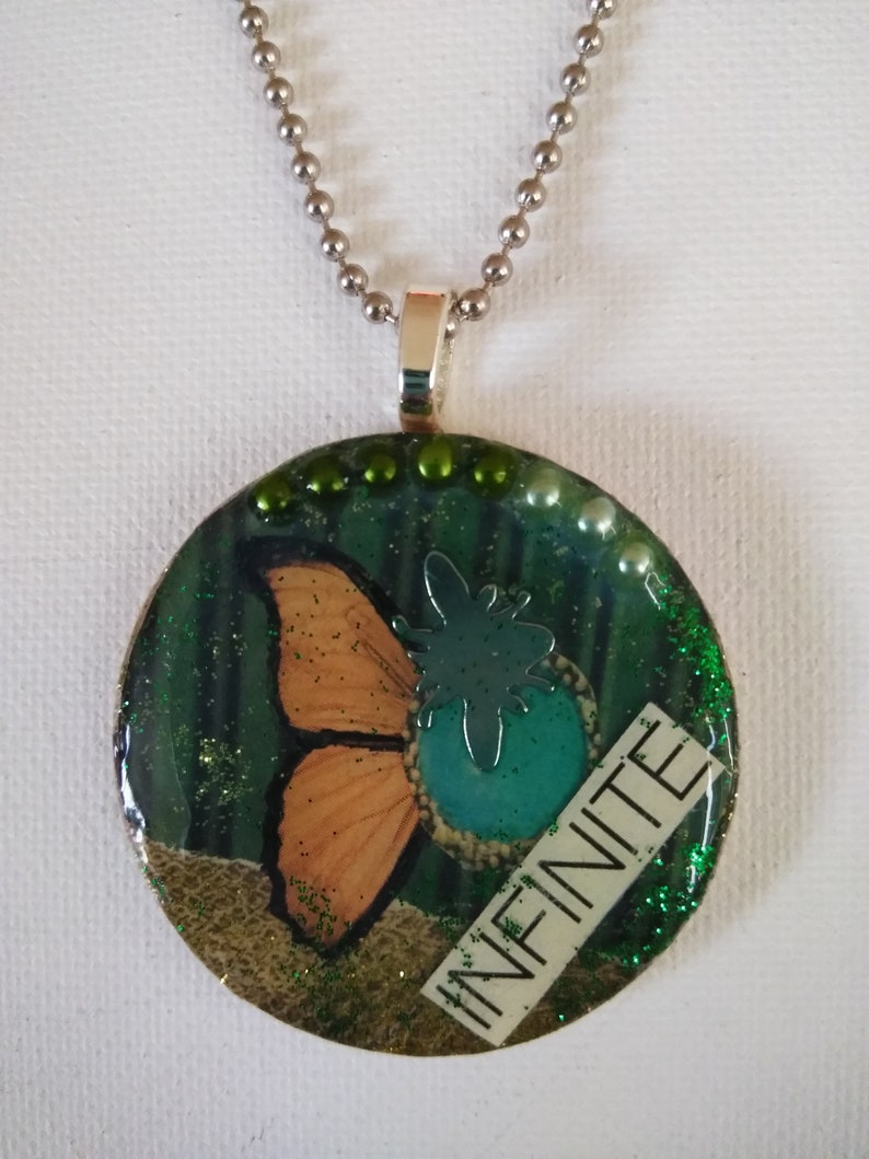 Mixed Media Necklace Mixed Media Jewelry Mixed Media Art Butterfly Wood Necklace Resin Pendant Pop Art Pearl Jewelry OOAK image 2