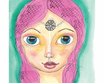 Mixed Media Art Print Pink Haired Mermaid Goddess Mixed Media Fine Art Print Blue Eyes Small Art