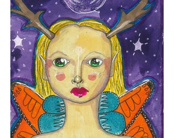 Mixed Media Art Print Blonde Goddess Fairy Goddess Antlers Butterfly Mixed Media Fine Art Print Green Eyes Small Art