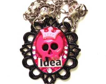 Kawaii Skull Cameo Necklace - Pink Skull Pendant - Resin Necklace - Mixed Media - Pink Glitter - Rhinestone Cameo - Pink and Black - Idea