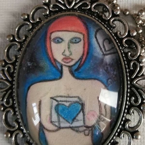 Femme avec le coeur bleu Art Cameo Collier Original Art Jewelry Cameo Pendentif Collier