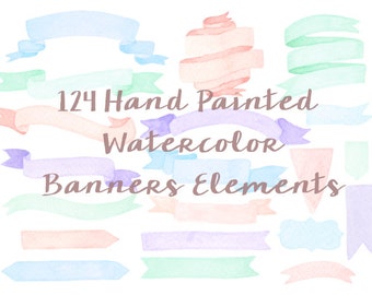 Banner Package Watercolor Clip Arts Purple Pink Blue Green Border Ribbon Wedding Invitation Birthday Party Nursery Clipart Digital printable