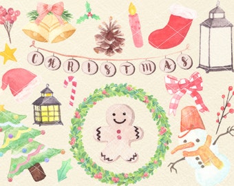 Christmas Decoration Watercolor Clip Arts Digital File Sale Cookies Party Holiday Download printable Xmas digital papers pattern Tree ginger