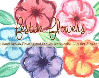 Festive Flowers Watercolor Clip Arts for Scrapbooking Digital Files Printable Download Wedding Invitations Sale