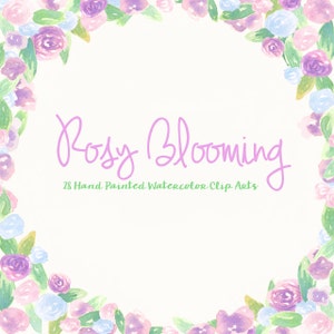 Rose Floral Watercolor ClipArts Scrapbook Digital Files Download Wedding Invitation Purple Violet Leaves Flowers Pink Baby Blue Printable