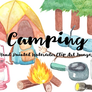 Camping Watercolor Clip Arts Scrapbooking Digital Files hiking campfire Download printable backpack road trip nature forest tent glamping