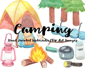 Camping Watercolor Clip Arts Scrapbooking Digital Files hiking campfire Download printable backpack road trip nature forest tent glamping