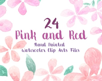 Pink and Red Floral Watercolor ClipArts Scrapbook Digital Files Download Wedding Invitation Leaves Flowers Printable Summer Leaves Sale