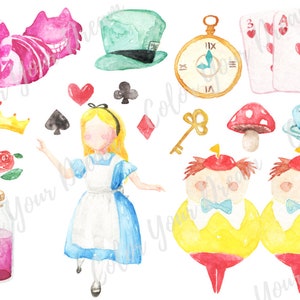 Alice in the Wonderland Watercolor Clipart Digital Disney tea party Download decoration digital kids birthday invitation printable print