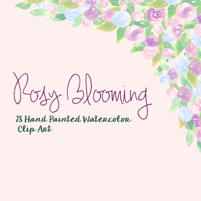 Rose Floral aquarelle ClipArts scrapbooking numérique fichiers téléchargement faire-part de mariage fleurs feuilles Violet mauve rose bébé bleu imprimable image 3