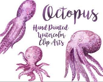 Octopus Watercolor ClipArts Sea World Ocean Scrapbook Sea Creatures Beach Digital File Download Animal Invitation Summer Party squid