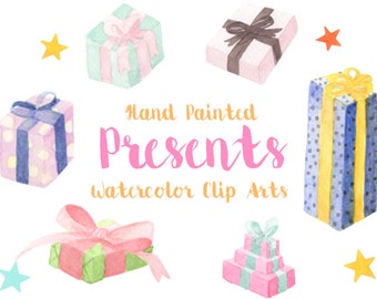 Presents Gifts Party Watercolor Clip Arts Digital File Star Holiday Download decoration digital kids birthday invitation xmas pink ribbon