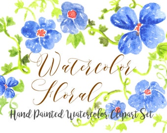 Blue Floral Watercolor ClipArts  Morning Glory Scrapbook Digital File Download Wedding Invitation Wreath Tropical Leaves Flowers Printable