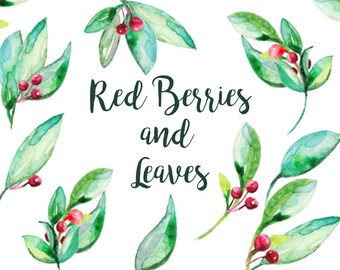 Red Berries & Leaves Floral Watercolor ClipArts Digital Files Download Wedding Invitation Flower Wreath Printable Xmas Berry Winter