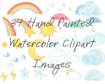 Weather Watercolor Clip Arts Scrapbooking Digital Files Baby Shower Birthday Party Nursery Rainbow Clipart Snowflake Download printable