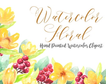 Berries Floral Watercolor ClipArts Scrapbook Digital File Download Wedding Invitation Wreath Tropical Leaves Flowers Printable Blue yellow