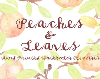 Peach Watercolor Clipart Scrapbooking Leaves Digital Files Summer Party Wedding Invitation Printable Download Floral Branch fruits Branch